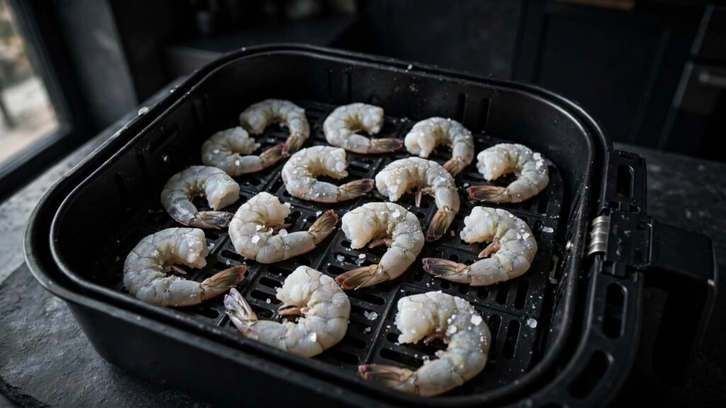 Frozen raw shrimp in an air fryer basket
