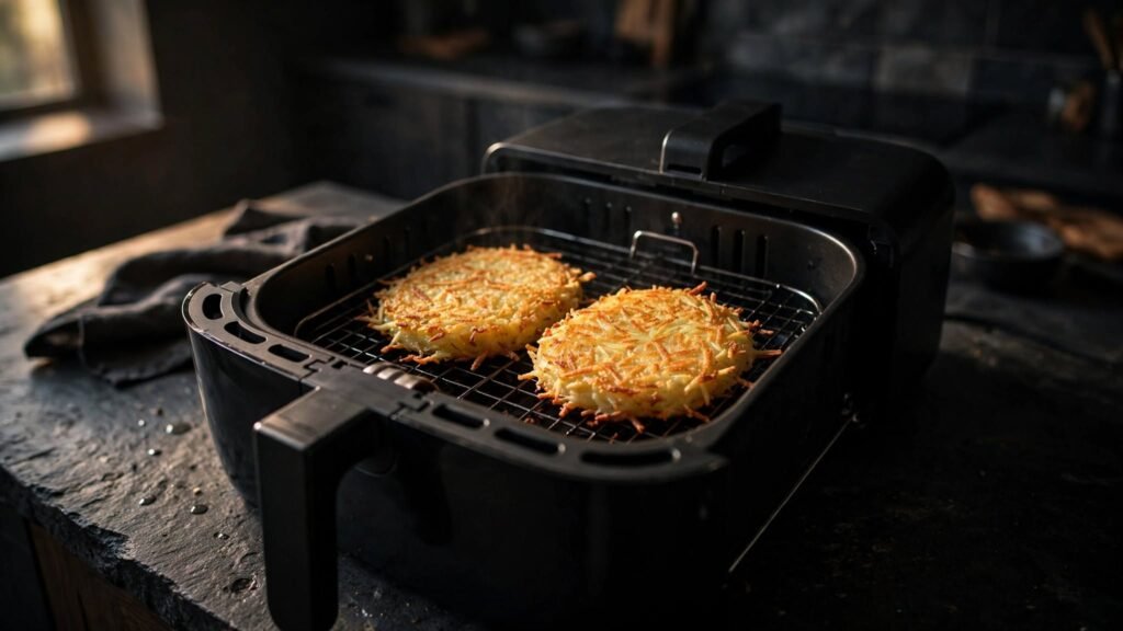 Hash brown patties reheated in an air fryer
