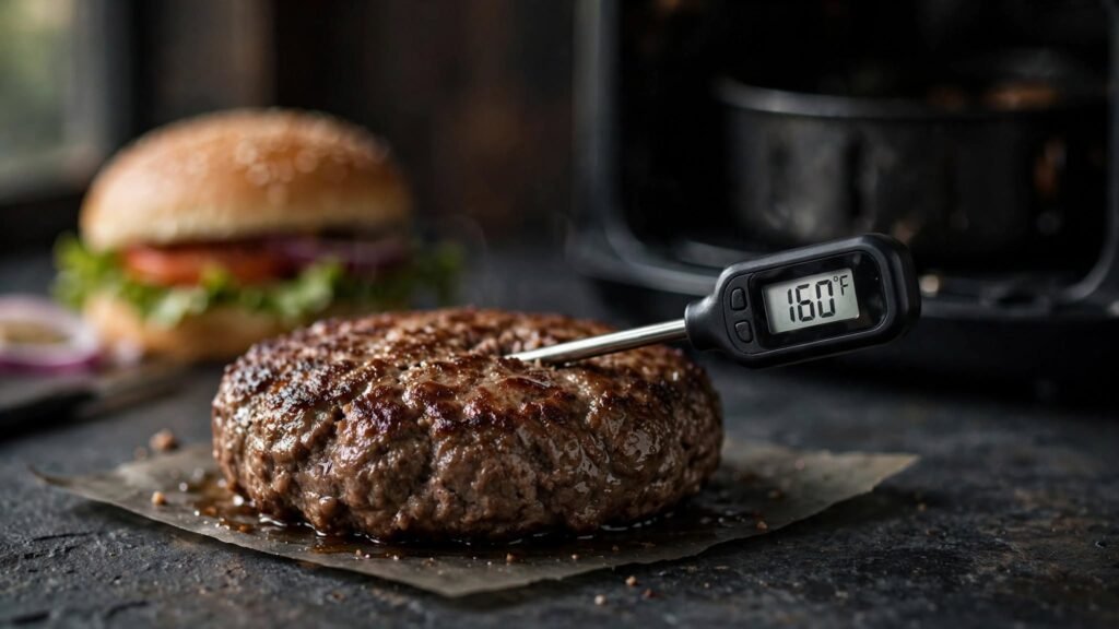 Checking frozen hamburger patty temperature with a meat thermometer