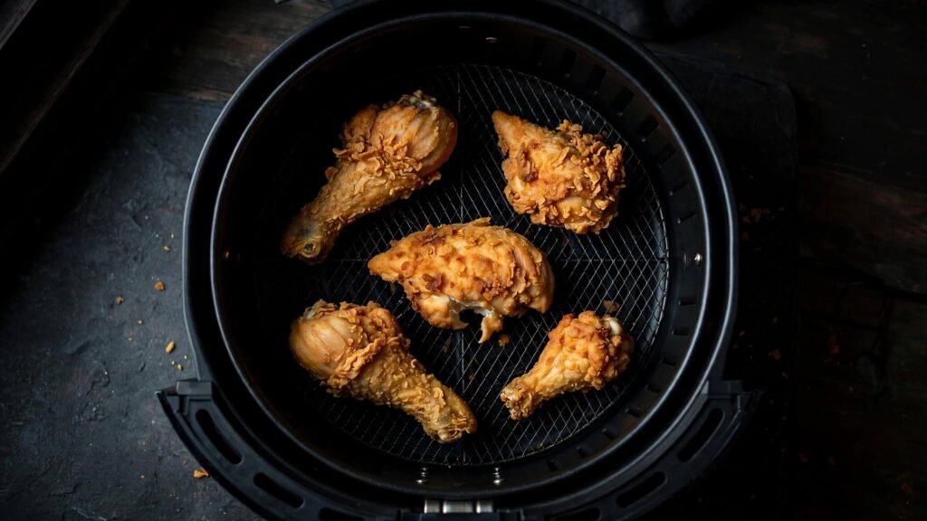 Fried chicken pieces arranged in a single layer in an air fryer basket
