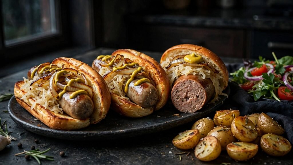 Air fryer bratwurst served with mustard sauerkraut onions and potatoes