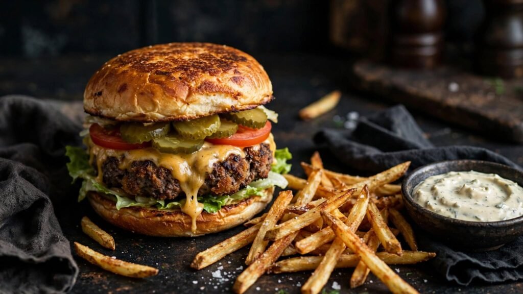 Air fryer frozen hamburger served with fries and toppings
