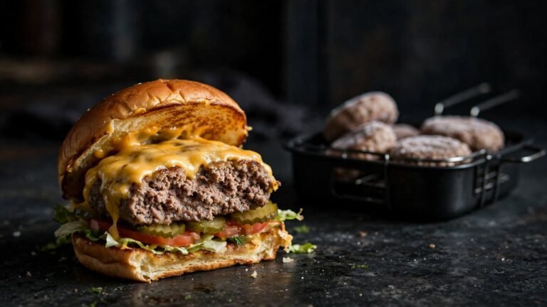 Frozen Hamburger Patties in the Air Fryer patty cooked in an air fryer on a toasted bun