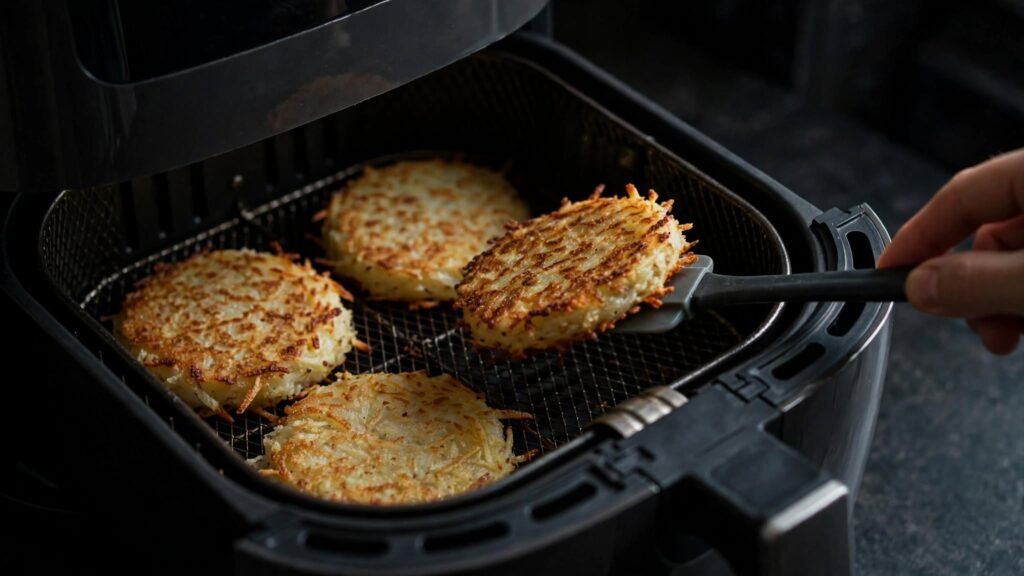 Flipping hash brown patties halfway through air fryer cooking