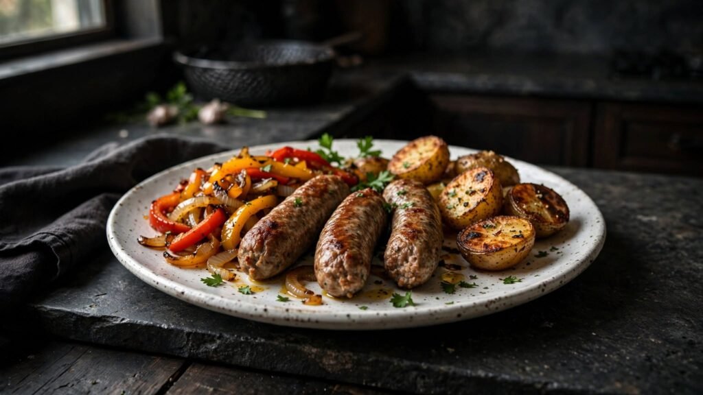 Air fryer Italian sausage served with peppers onions and potatoes
