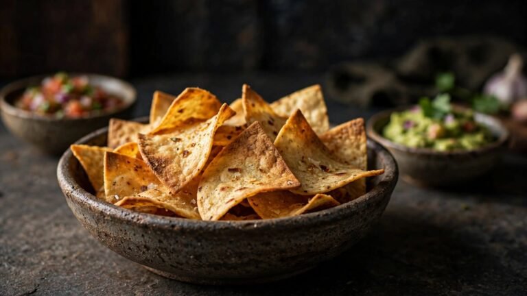 Crispy Make Tortilla Chips in the Air Fryerserved with salsa and guacamole