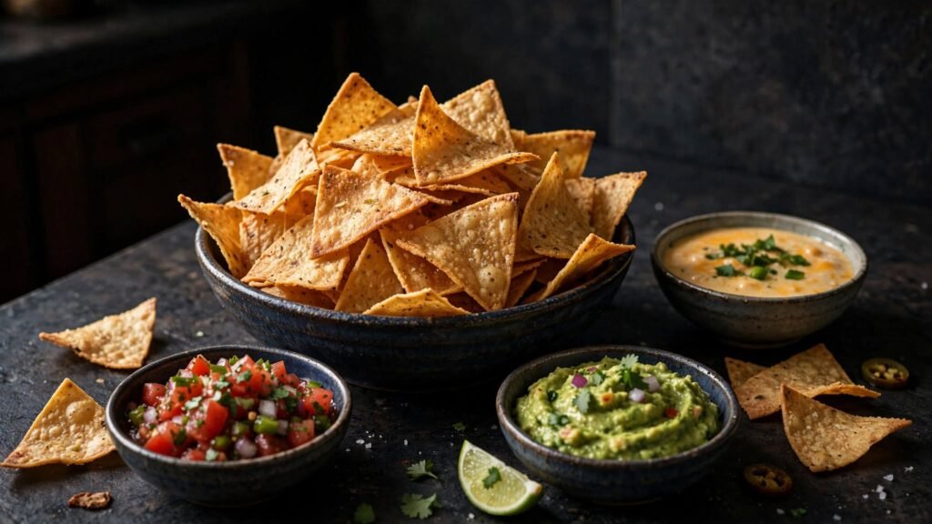 Air fryer tortilla chips served with salsa guacamole and queso