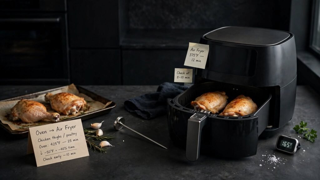 Summary visual for oven to air fryer conversion with lower temperature and shorter time