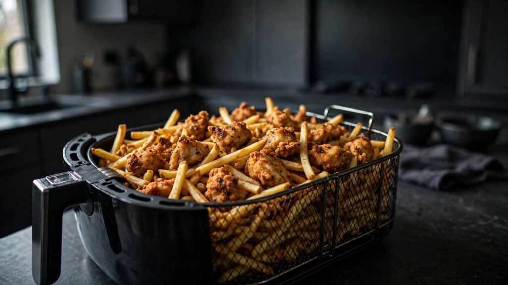 Overcrowded air fryer basket with food packed tightly