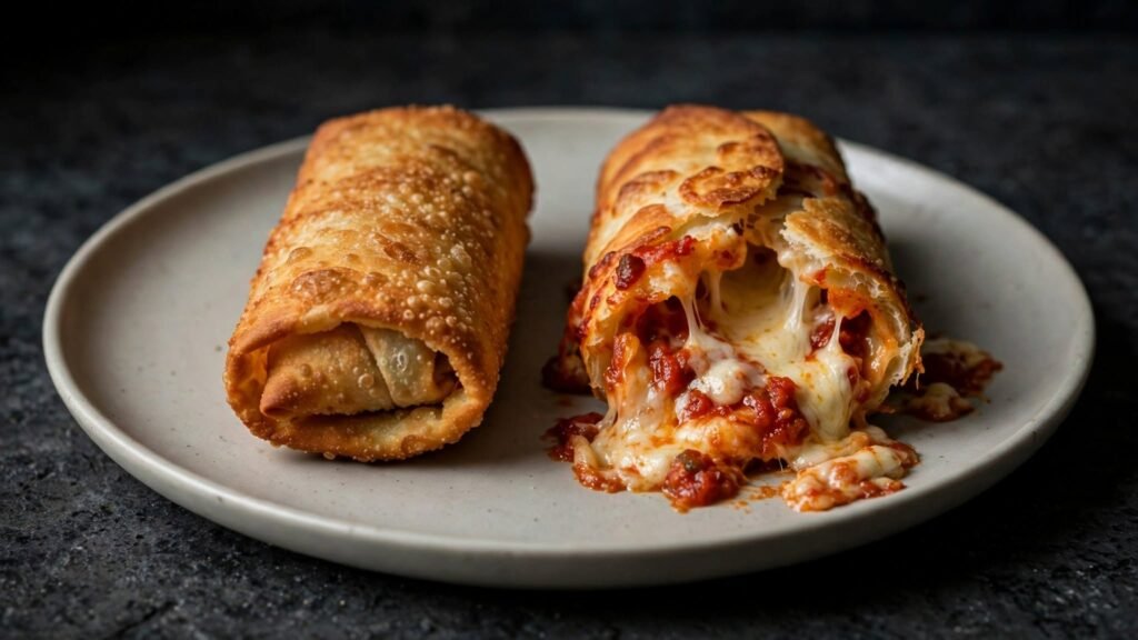 Intact and burst pizza rolls showing the difference after air frying