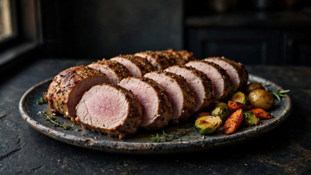 Finished air fryer pork tenderloin sliced and served