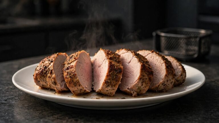 Sliced pork tenderloin cooked in an air fryer