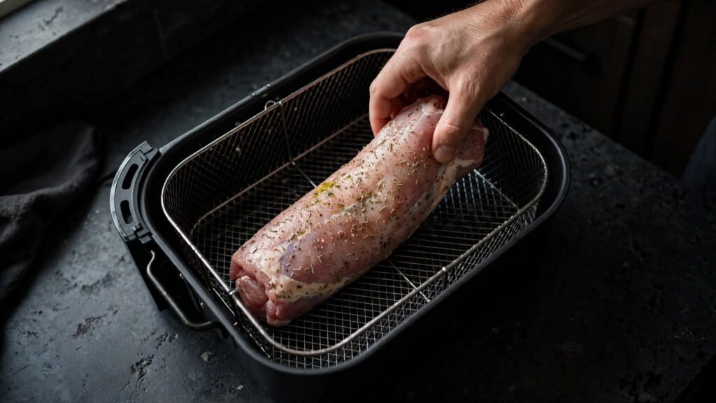 Seasoned pork tenderloin placed in an air fryer basket