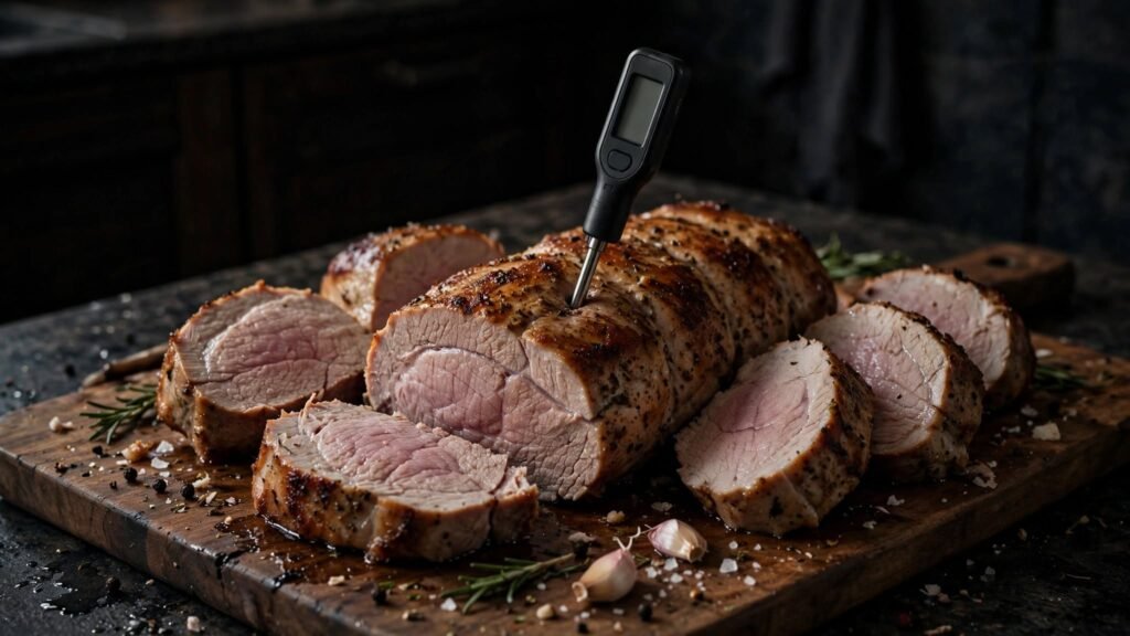 Meat thermometer checking pork tenderloin temperature