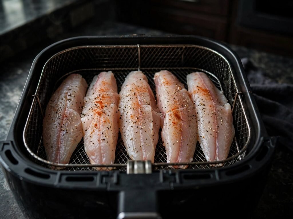 Fish fillets arranged in a single layer in an air fryer basket