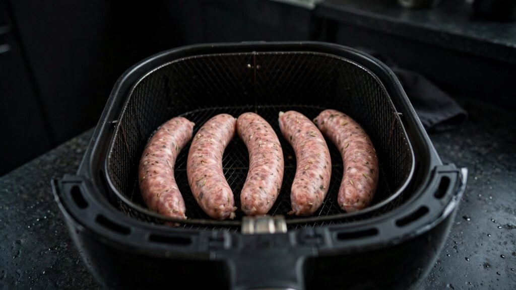 Italian sausage links arranged in a single layer in an air fryer basket