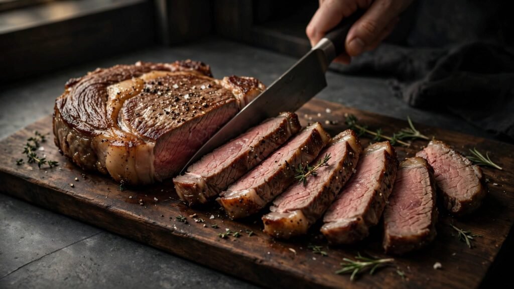 Slicing cooked ribeye steak against the grain after resting