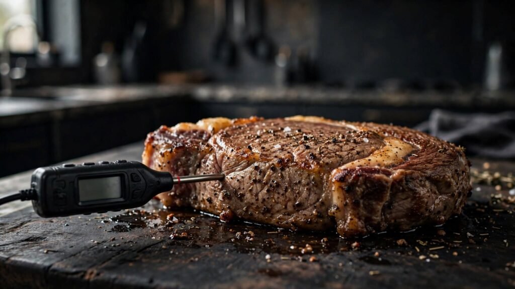 Checking the internal temperature of ribeye steak with an instant-read thermometer