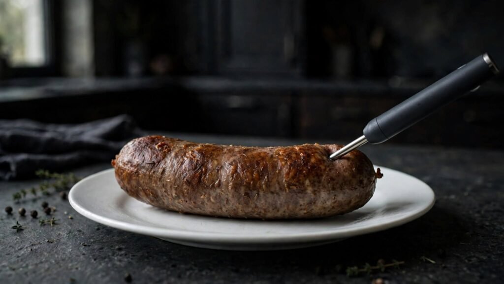Checking the internal temperature of cooked Italian sausage