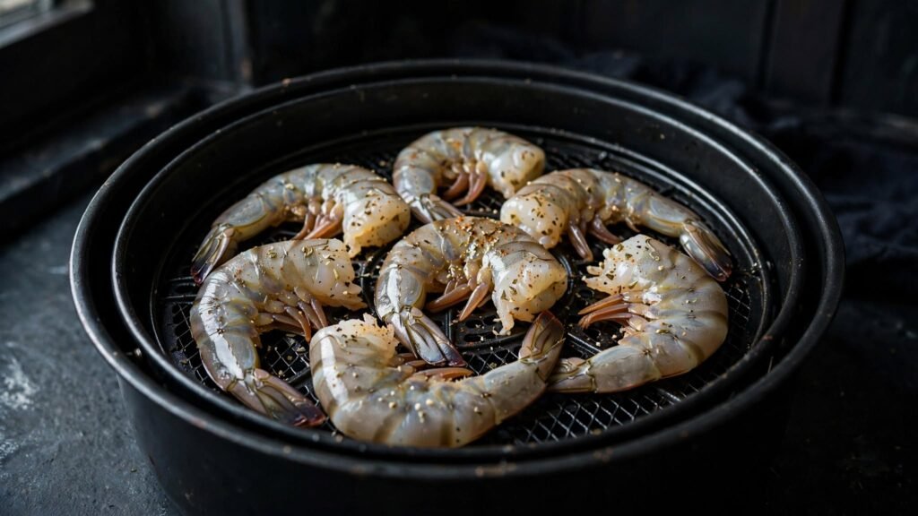 Shrimp arranged in a single layer in an air fryer basket
