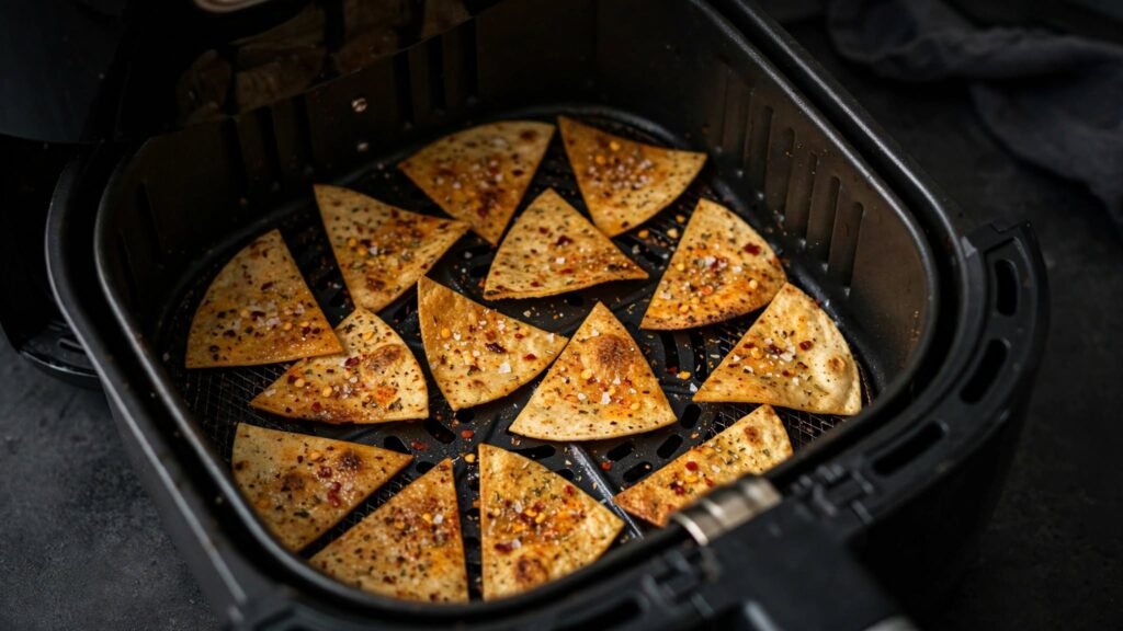 Seasoned tortilla wedges arranged in a single layer in an air fryer basket