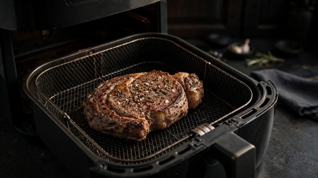Ribeye steak arranged in a single layer inside an air fryer basket