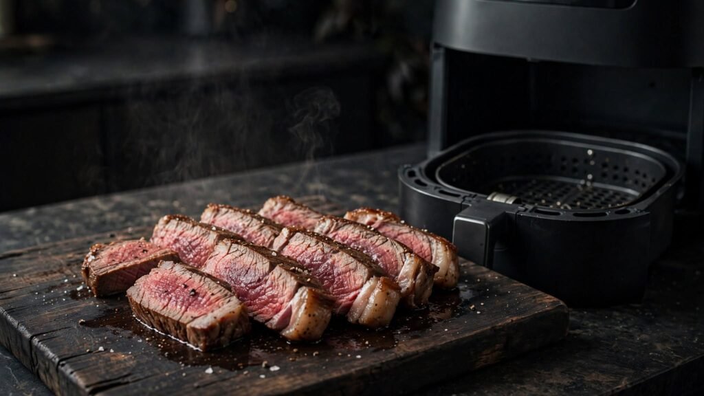 Air fryer ribeye steak sliced and served on a cutting board