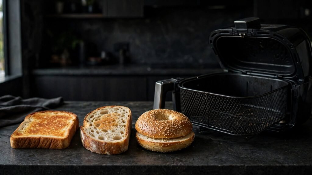 Thick bread and split bagel ready for air fryer toasting