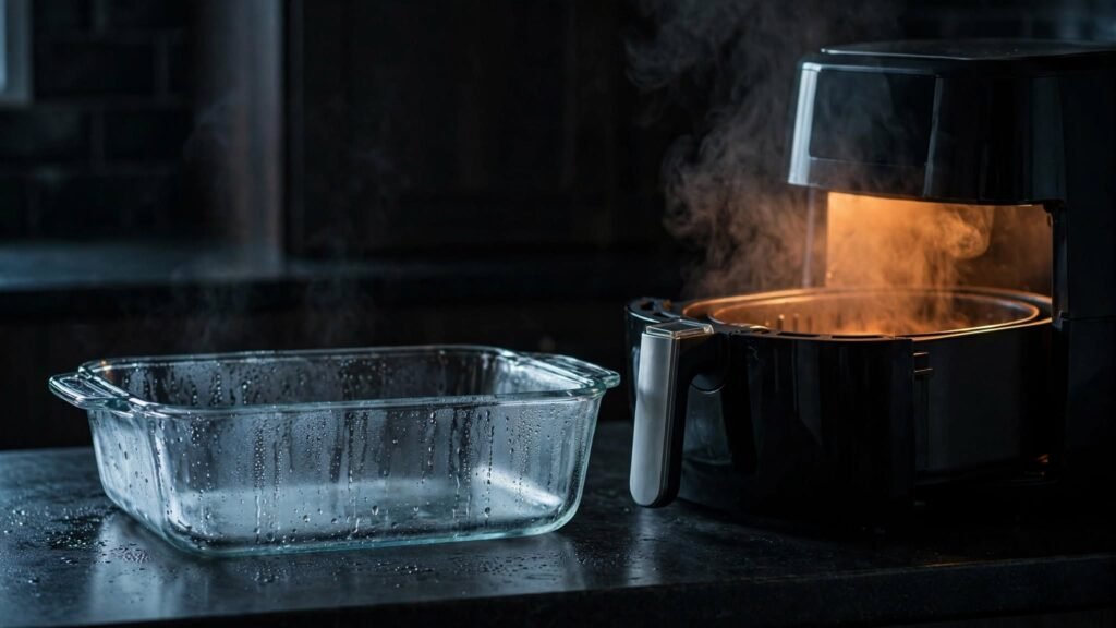 Glass baking dish exposed to temperature changes near an air fryer