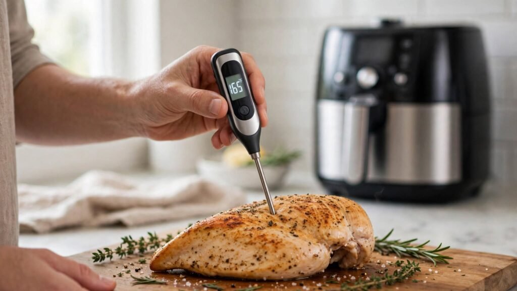 Checking chicken doneness with a food thermometer