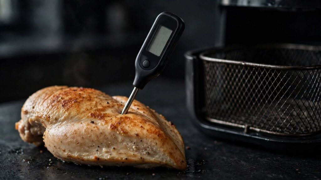 Food thermometer checking the internal temperature of air-fried chicken