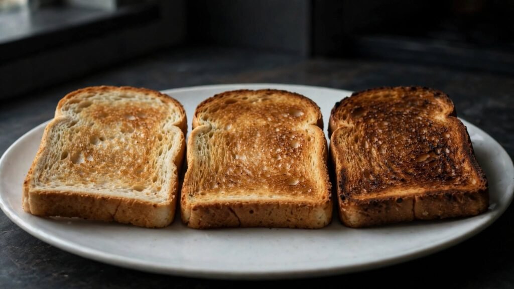 Light medium and dark toast showing different browning levels