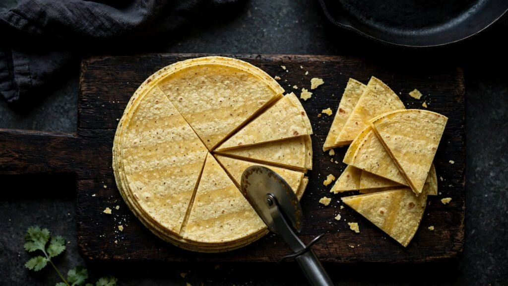 Corn tortillas being cut into wedges for air fryer tortilla chips