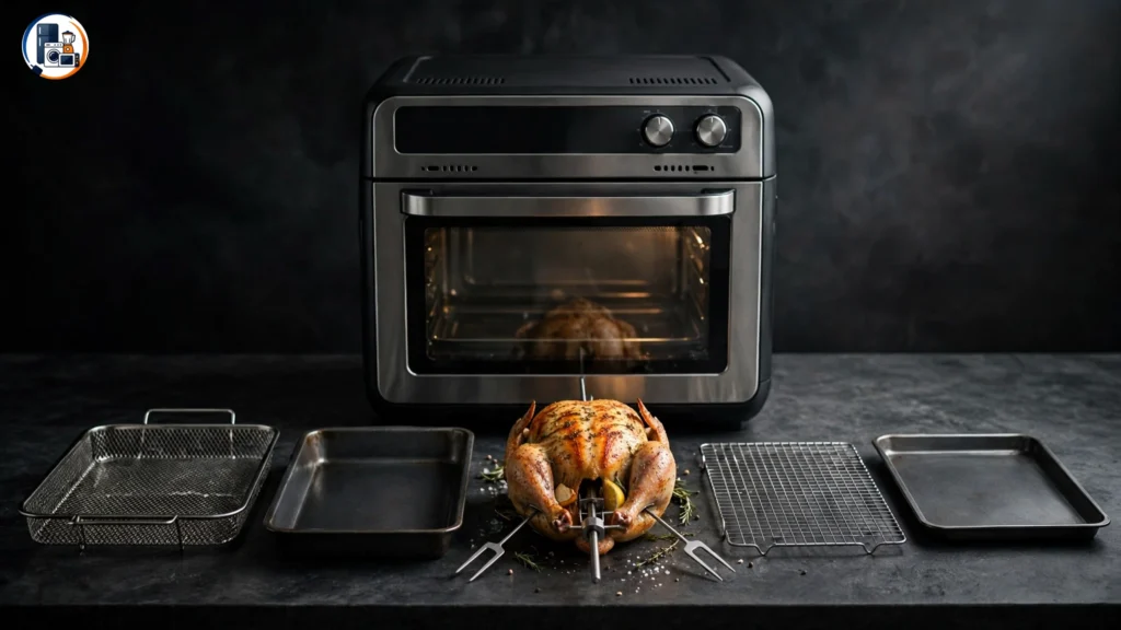 Emeril 360 accessories and rotisserie setup
