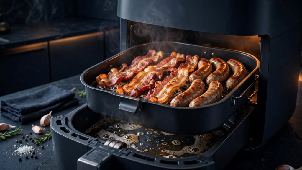 Greasy food cooking in an air fryer with smoke reduced by an approved water method