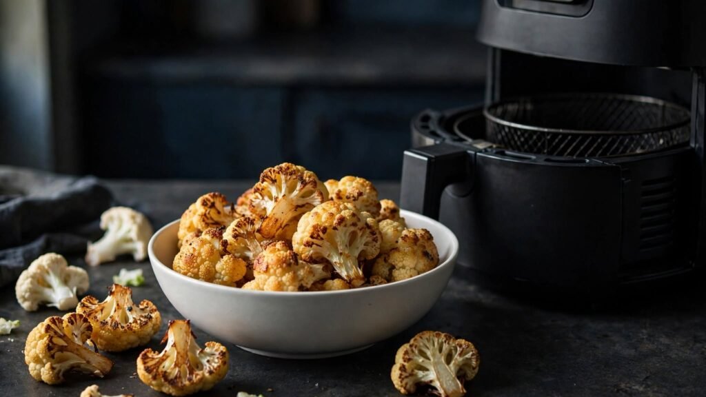 Crispy air fryer cauliflower florets served beside an air fryer