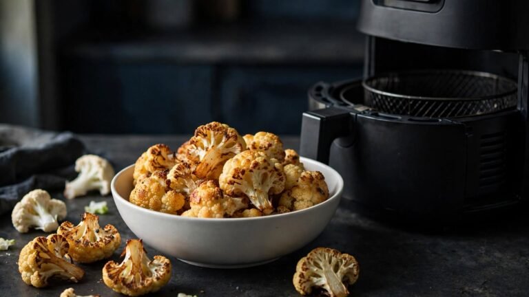 Crispy air fryer cauliflower florets served beside an air fryer