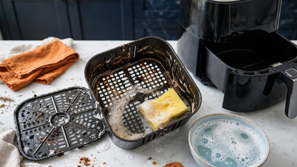 Cleaning grease and food residue from an air fryer basket