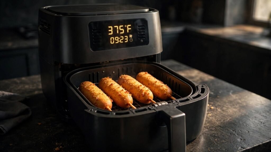 Corn dogs cooking at 375°F in an air fryer