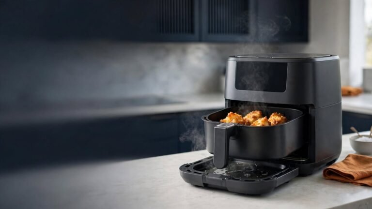 Air fryer with water used in an approved lower area to help reduce smoke