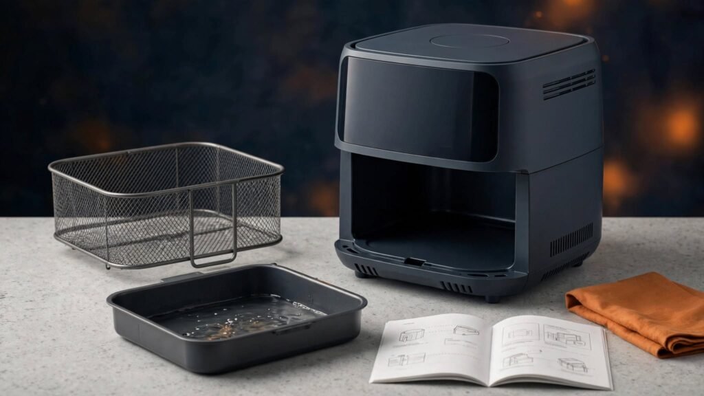Air fryer basket and lower drawer showing where water may be allowed