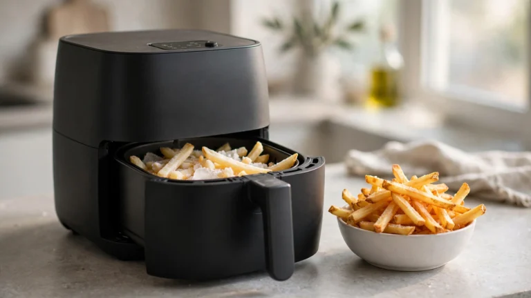 Air Fry Frozen French fries cooking in an air fryer