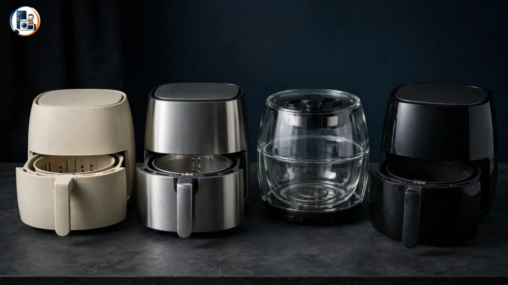Non-toxic air fryer materials including ceramic stainless steel and glass