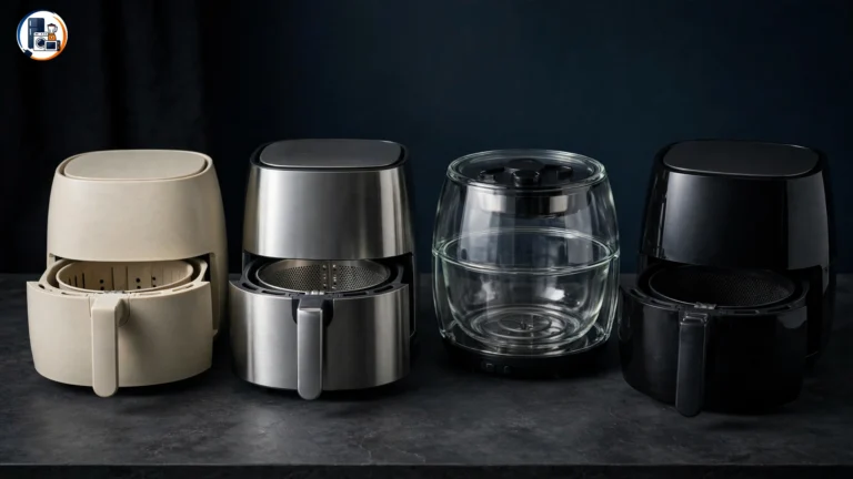 Non-toxic air fryer materials including ceramic stainless steel and glass