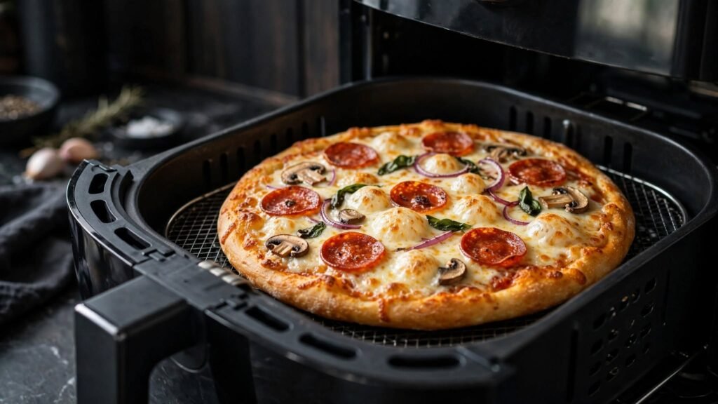 Air fryer pizza with evenly browned toppings