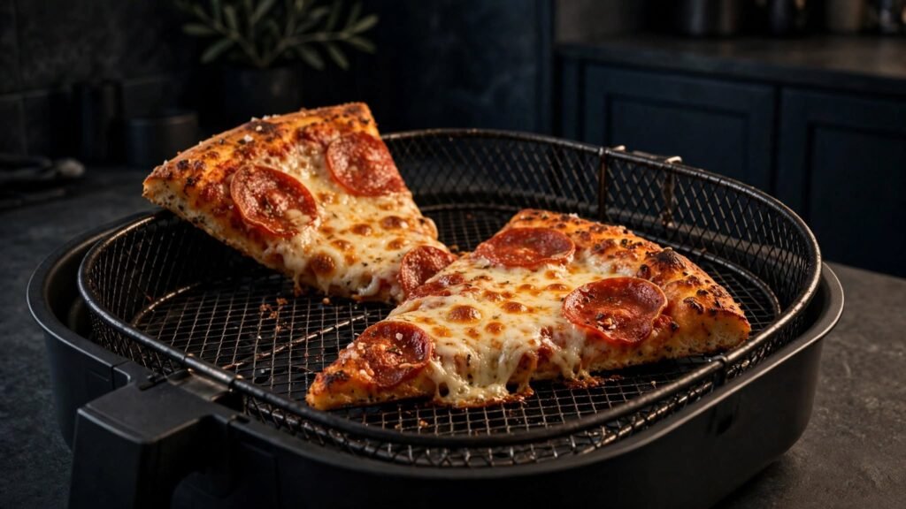 Pizza slices reheating in an air fryer