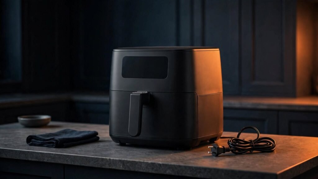 Air fryer unplugged for safety showing an electrical warning sign
