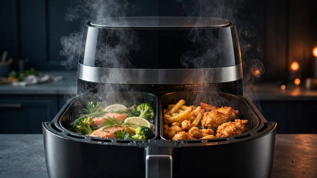 Air fryer showing the difference between steam and smoke