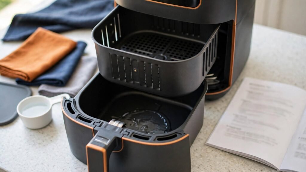 Small amount of water placed in an approved lower air fryer area