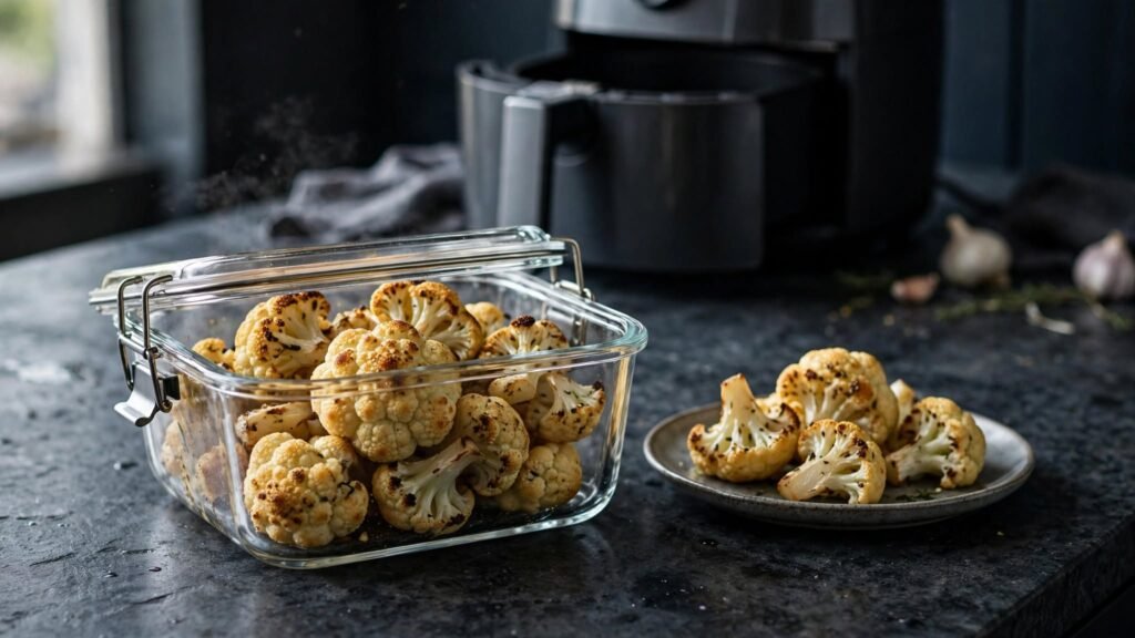 Cooked air fryer cauliflower stored in an airtight container